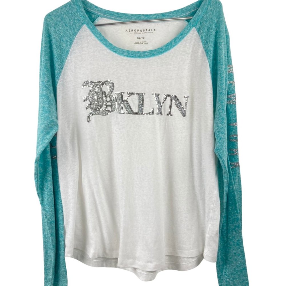 Aeropostale Bling Brooklyn New York Long Sleeve Graphic Baseball Tee XL